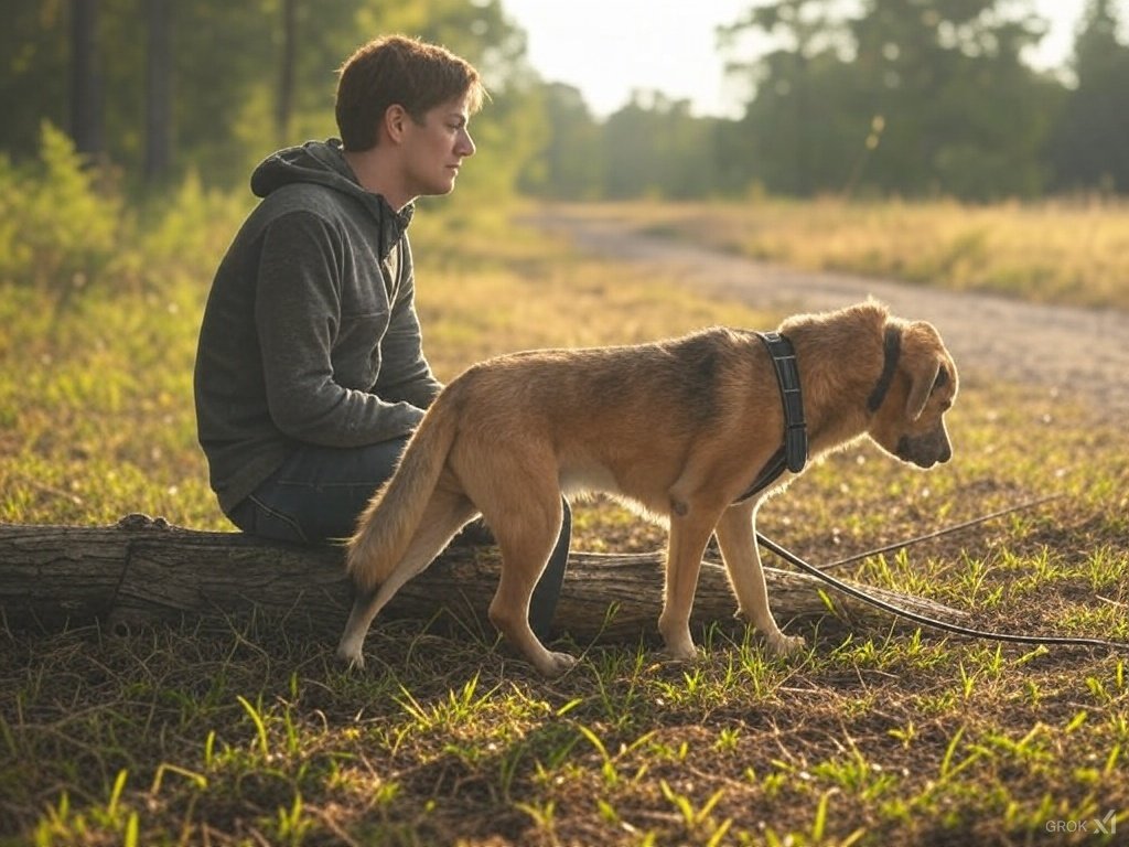 Un joven con sudadera gris sentado en un tronco caído junto a su perro de pelo dorado que lleva arnés y correa larga, ambos en un sendero natural durante la hora dorada, con un bosque y un prado abierto en el fondo.